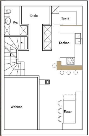 Ground floor plan: Living area left, hallway, toilet, kitchen with island, pantry, dining area right