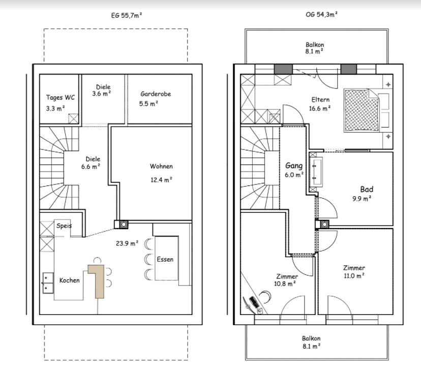 Two-story floor plan: ground floor kitchen, living, dining; first floor master bedroom, bathroom, two bedrooms, balcony.