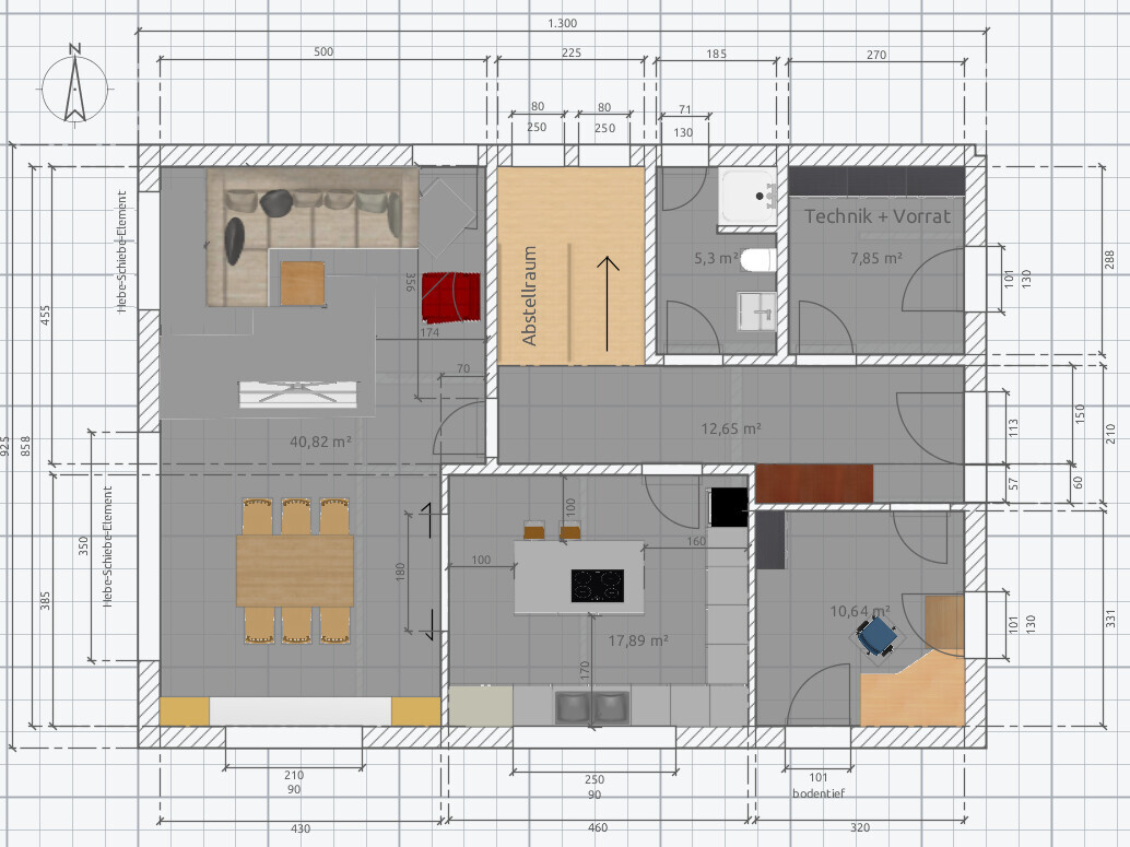 2D floor plan of a house with living room, kitchen, dining area, and hallway