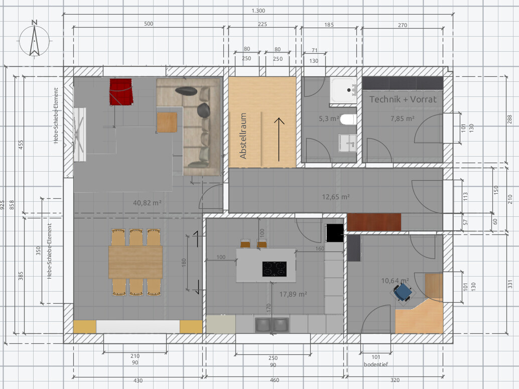 Floor plan of a residence: kitchen, dining room, living room, storage room, technical room + pantry, bathroom.