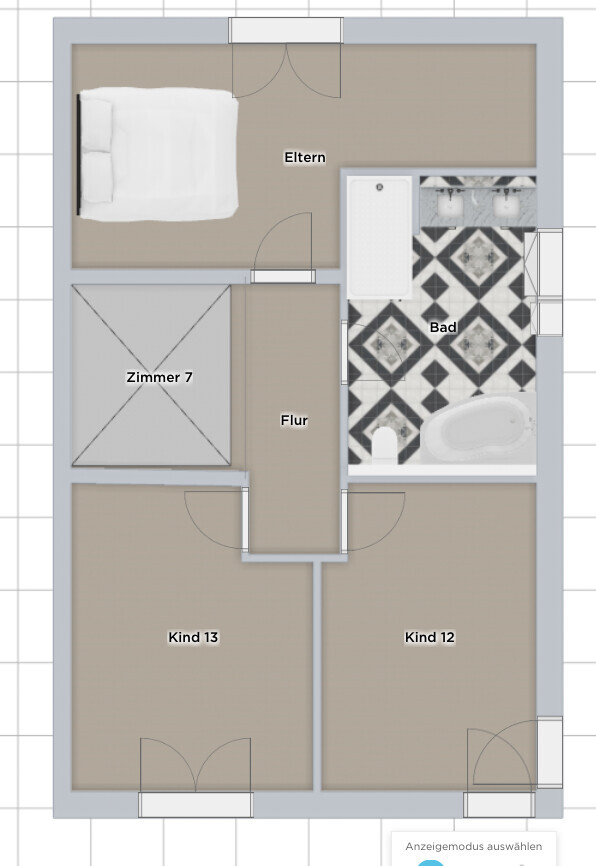 Floor plan of a residential layout: master bedroom, bathroom, hallway, room 7, child 12 and child 13.