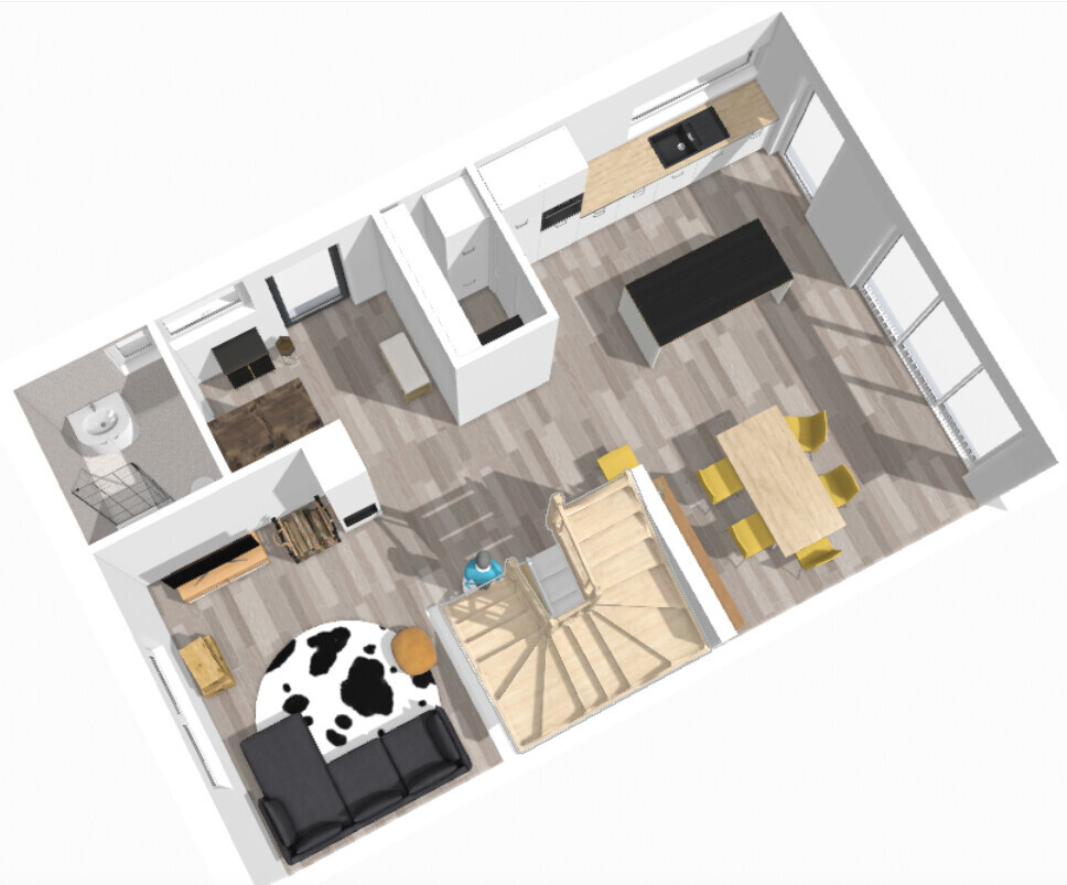 3D floor plan of an apartment: kitchen, dining area, living room and stairs.
