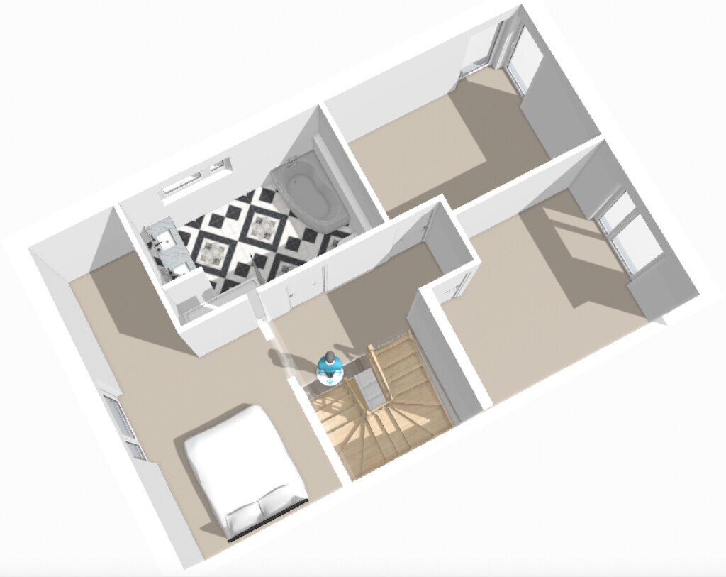 Floor plan of an apartment: bedroom, bathroom, stairs, hallway and living area.