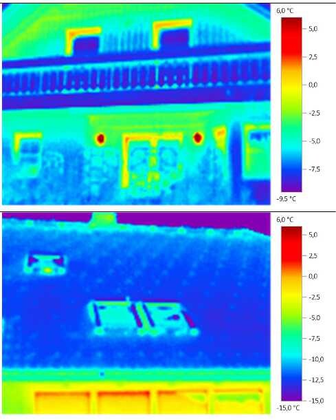 Thermographic images of a house showing heat differences at windows and façades.
