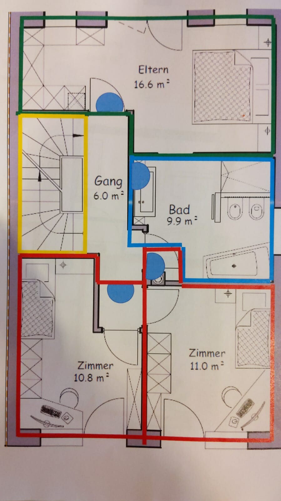 Floor plan of a house with master bedroom, two bedrooms, bathroom, and corridor; with colored lines.