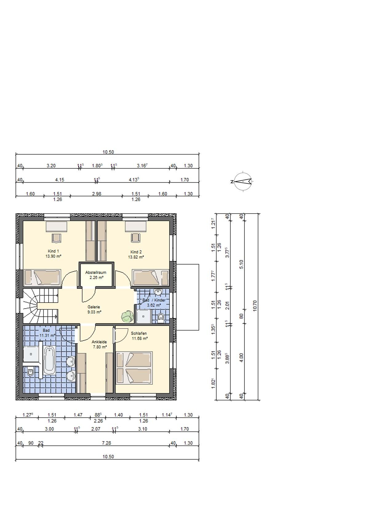 Upper floor plan: bedroom, dressing room, bathroom, two children’s rooms, gallery.