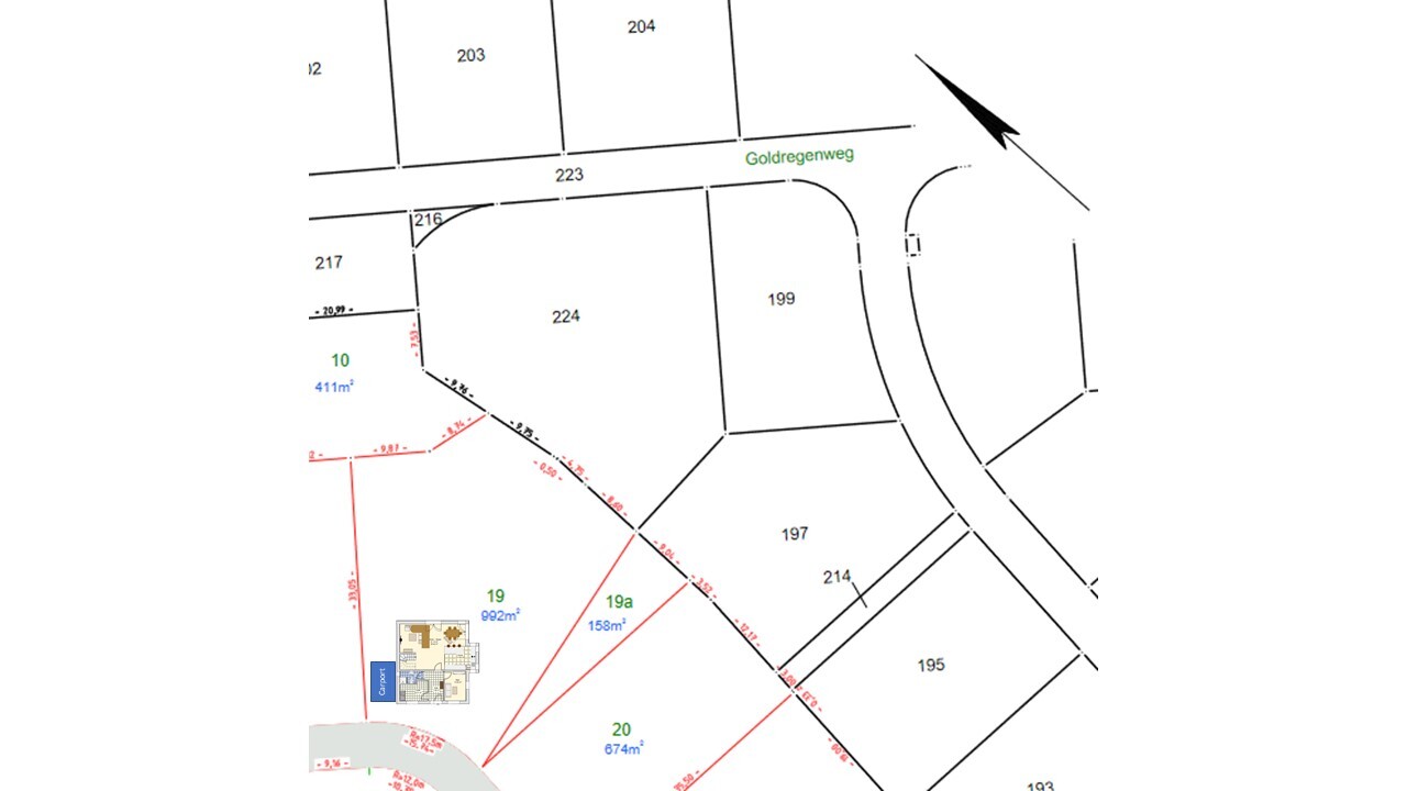 Site plan of parcels at Goldregenweg with area details (numbers 199, 224).