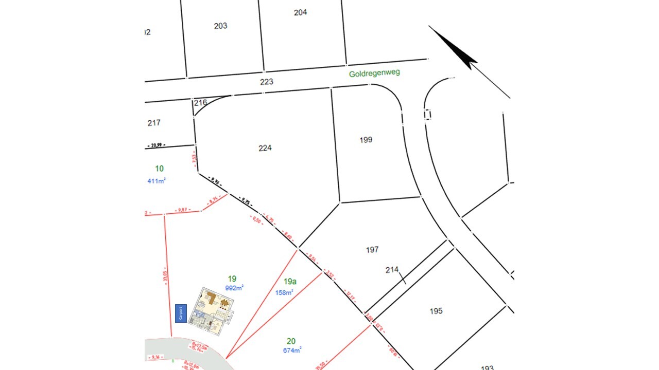 Site plan: parcels 199, 197, 224, 214; Goldregenweg; small house on lot 19.