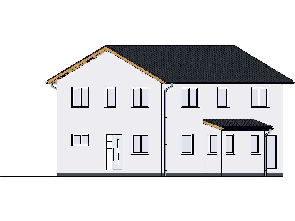 Two-story residential house with dark gable roof, white facade, and many windows.
