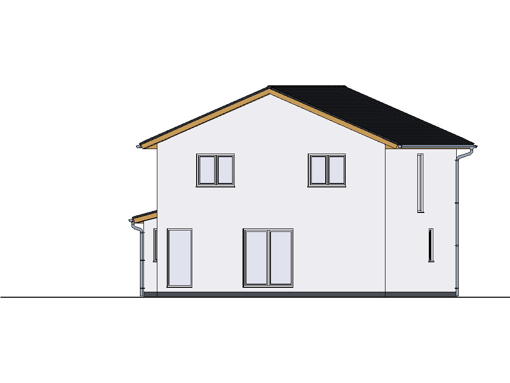 Two-story house with light facade, dark gable roof, and many windows.