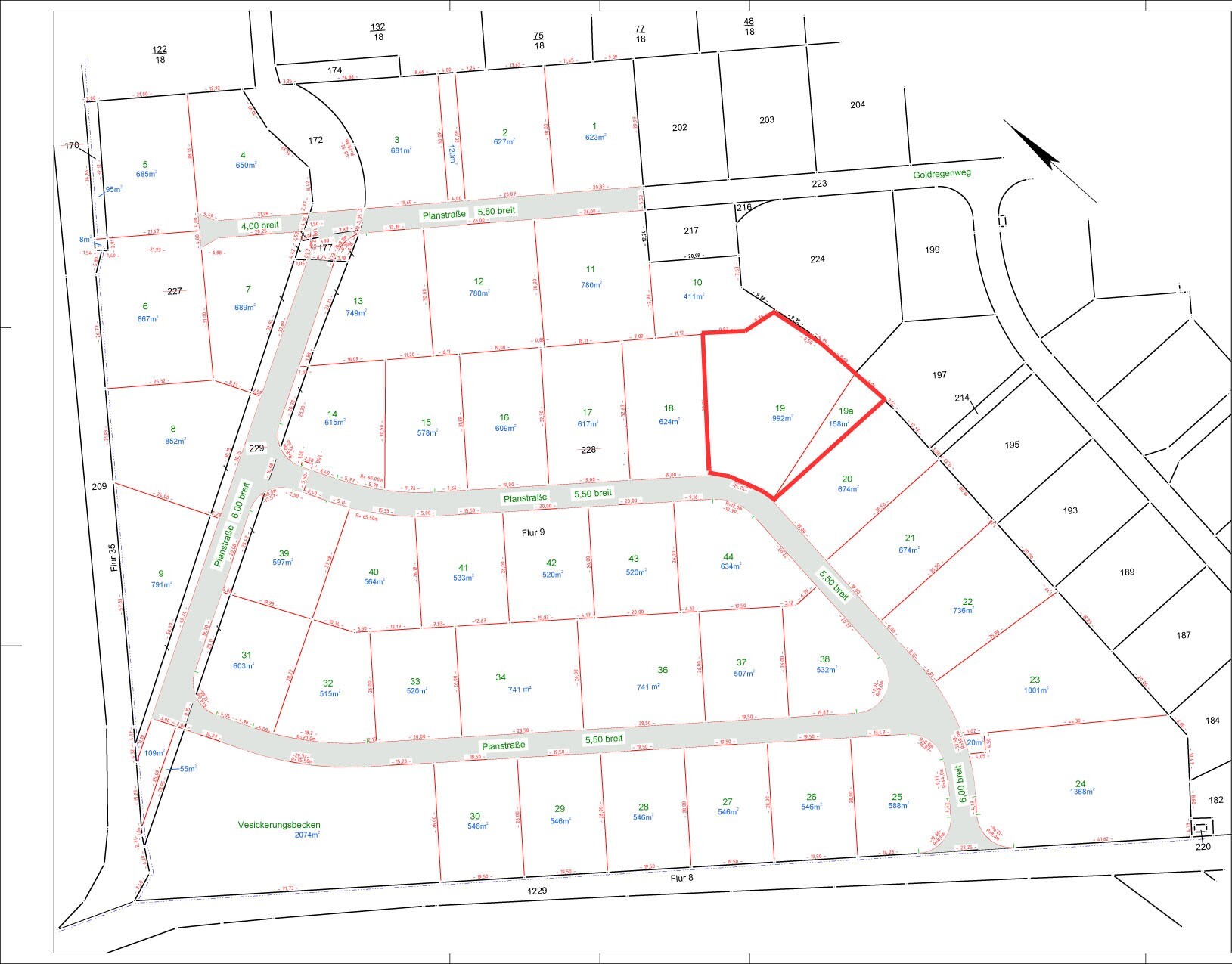 Site plan of a building plot with parcels, red boundary lines and streets