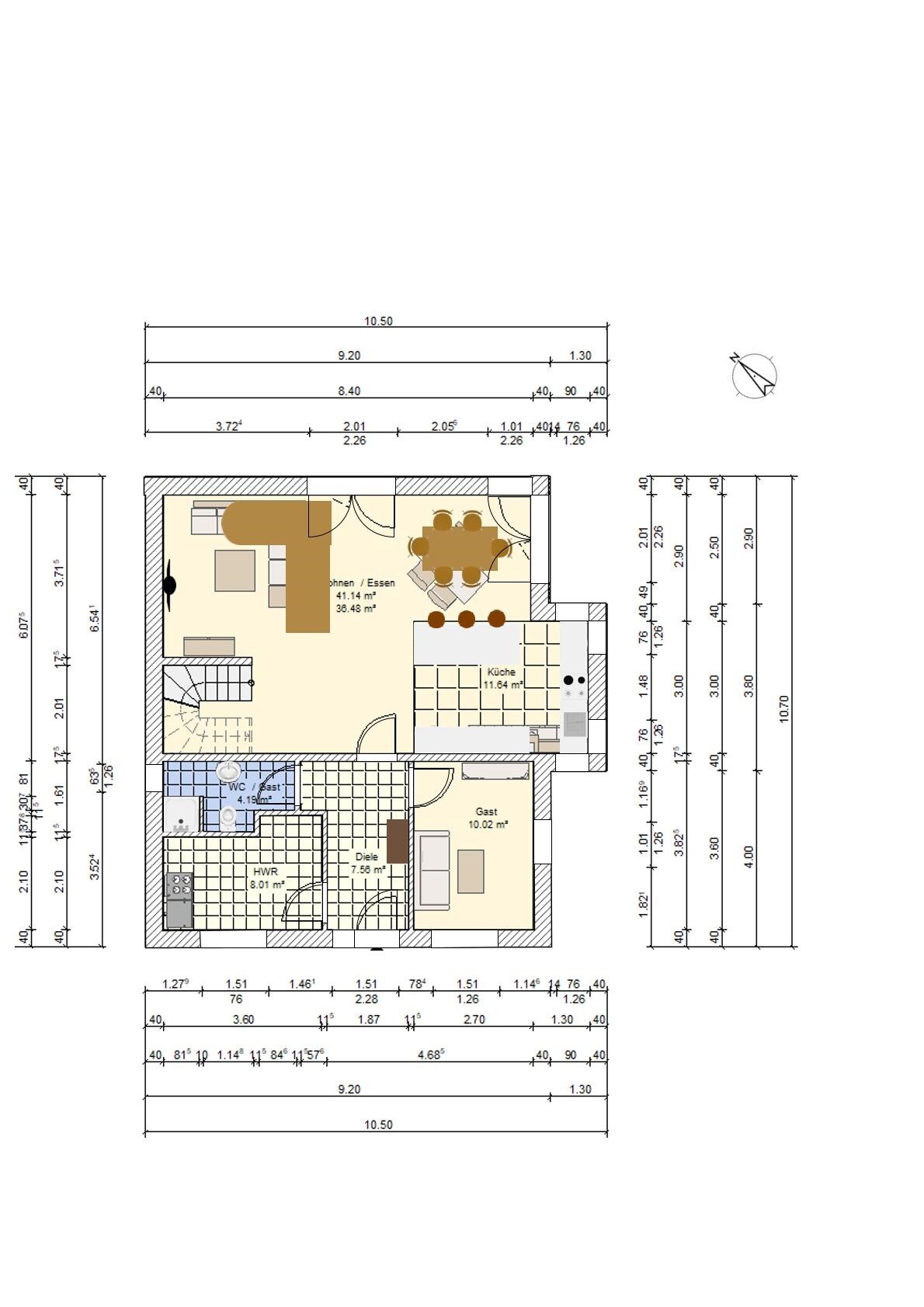 2D floor plan of a house with kitchen, dining area and guest room