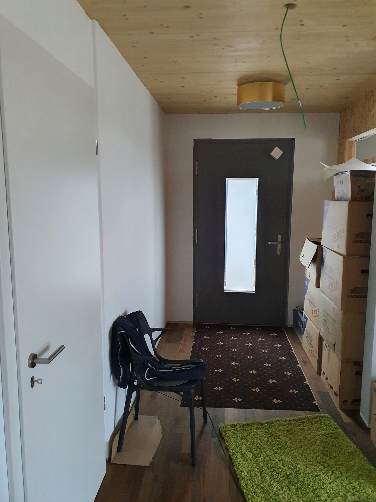 Hallway in front of a dark door with vertical window, boxes on the right, chair with jacket, green mat.