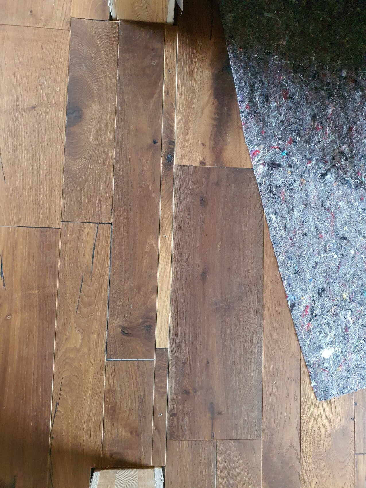 Wooden floor with brown wooden planks, patterned colorful rug on the right.