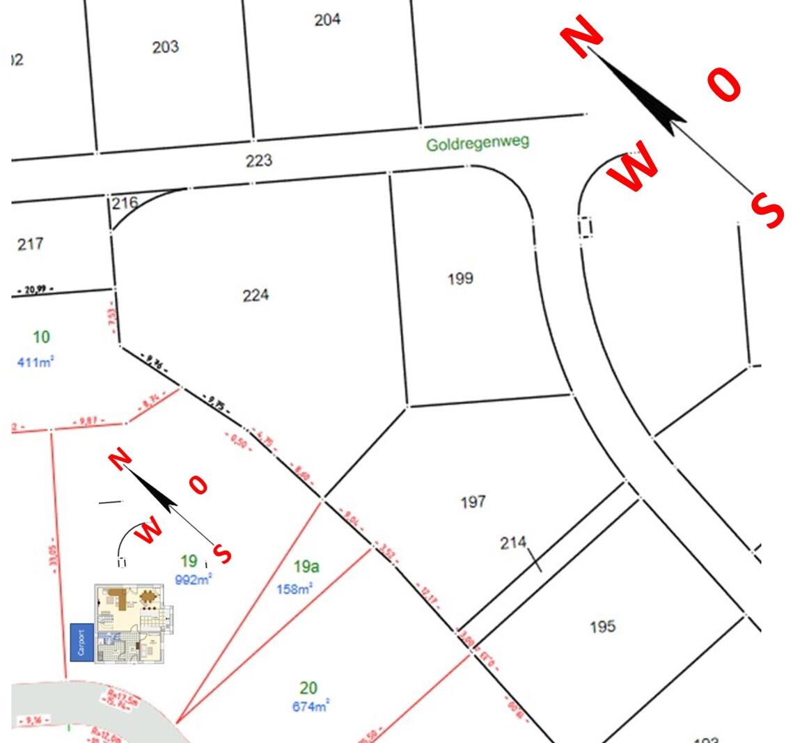 Site plan of a plot with parcels, street names, and north arrow