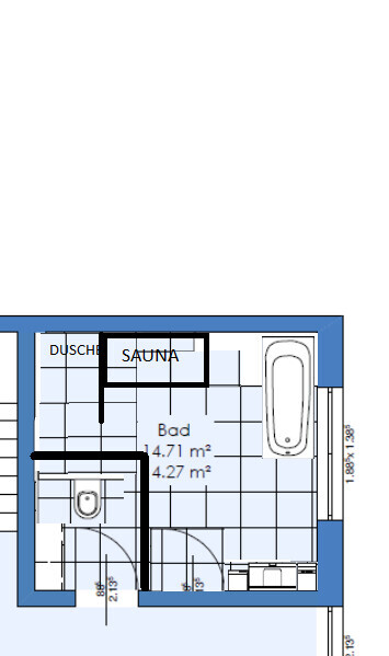 Floor plan of a bathroom with shower, sauna, and bathtub; blue walls.