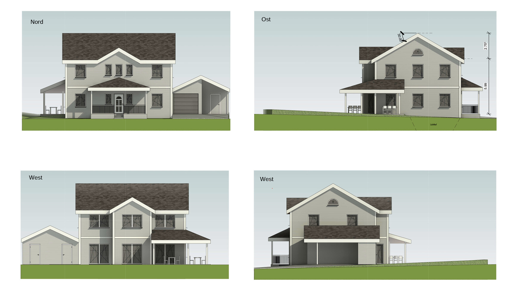 Four views of a two-story house with garage, terrace and green lawn.