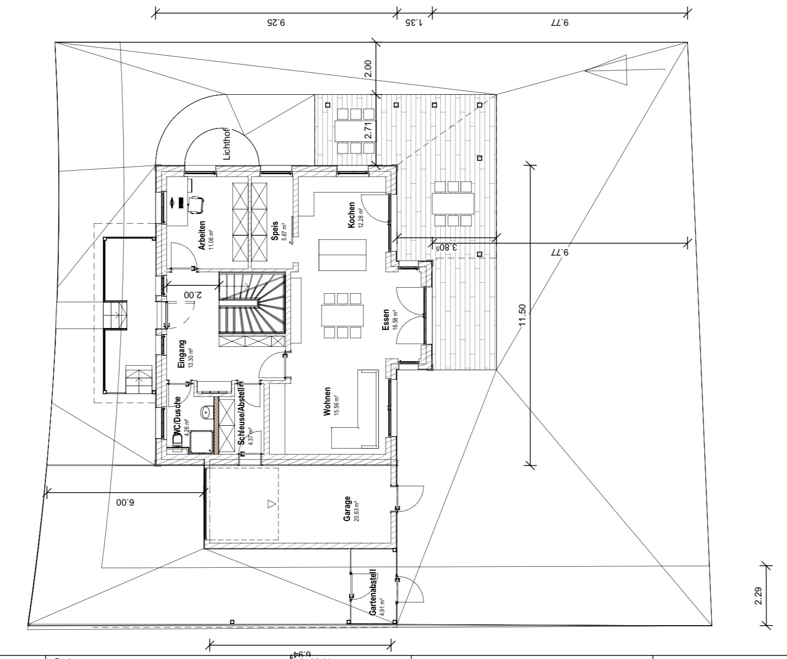 Floor plan of a house: living, dining, cooking, pantry, work, shower/toilet, garage, garden.