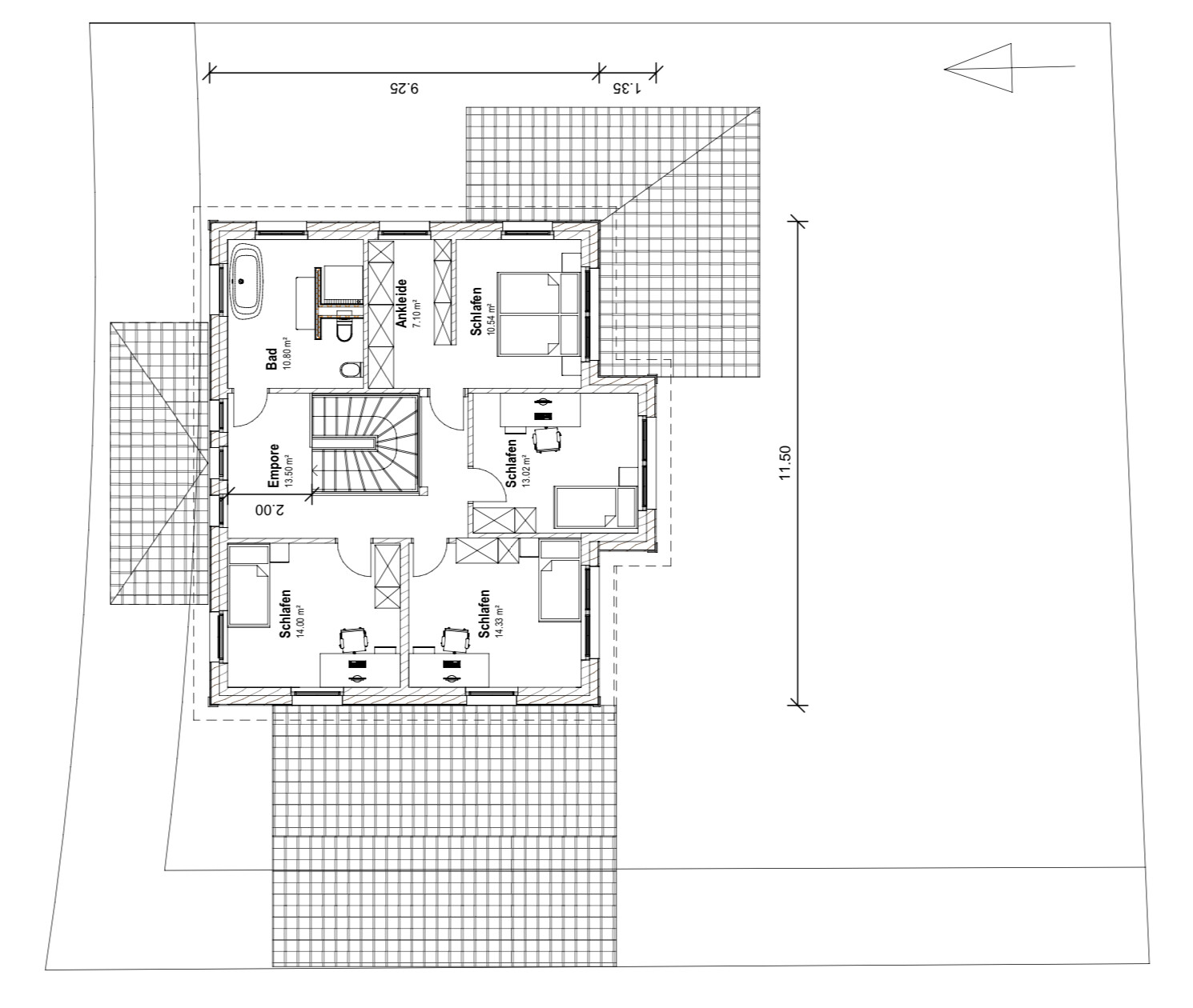 Upper floor plan: bedroom, bathroom, dressing room, stairs, terrace.