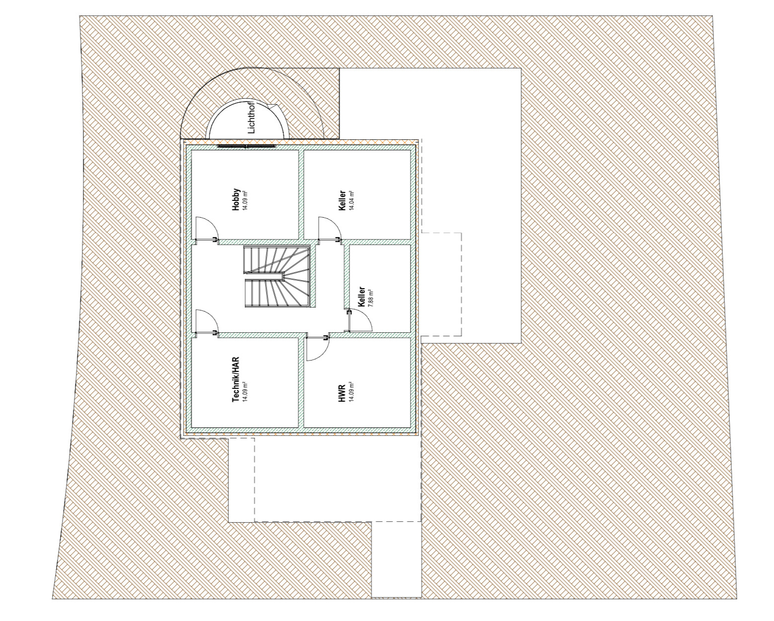 Floor plan with central stairs and rooms for hobby, basement, technical room and utility room.