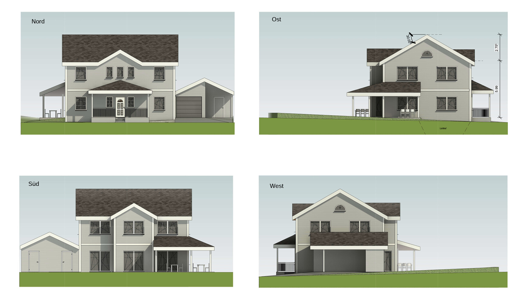 Four elevations of a two-story house: north, east, south, west with garage