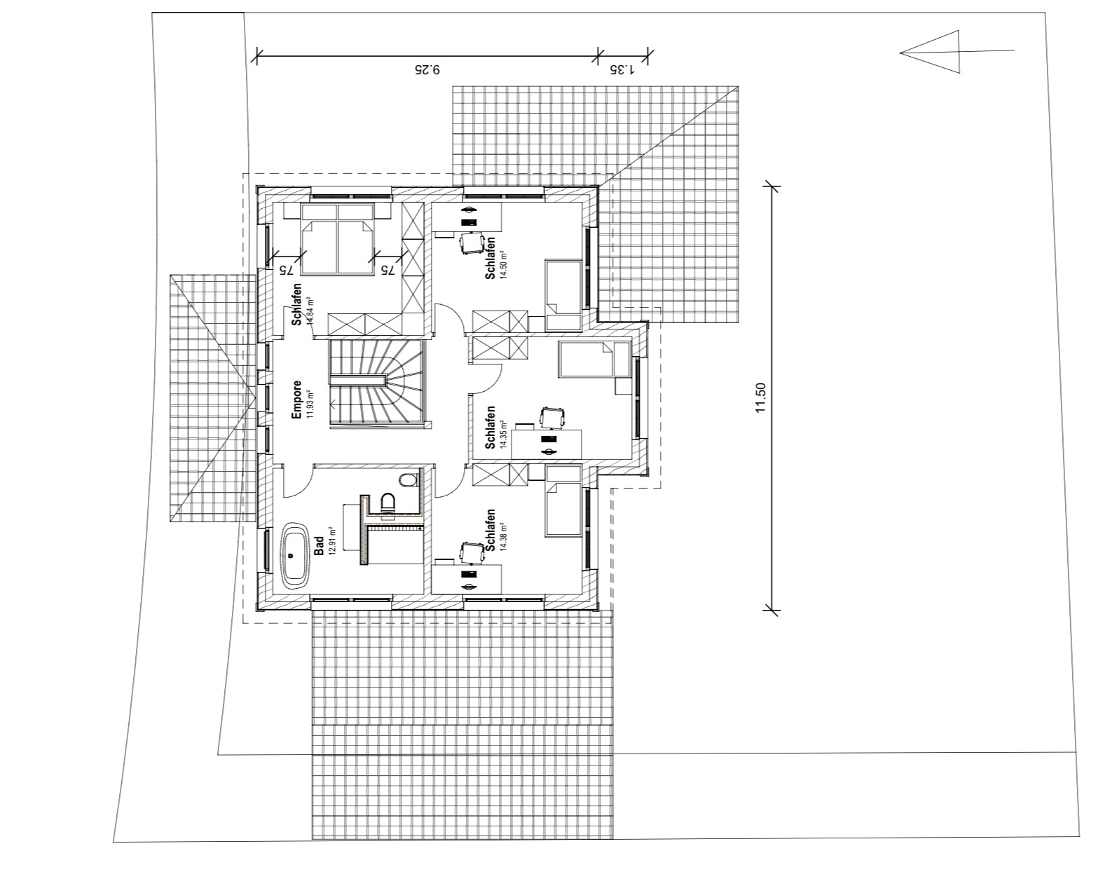 Upper floor plan: three bedrooms, bathroom, gallery, stairs and terrace.