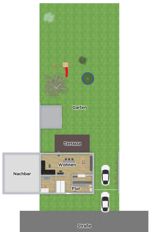 Floor plan of a house with garden, terrace, living room, hallway and two cars in front of the street.