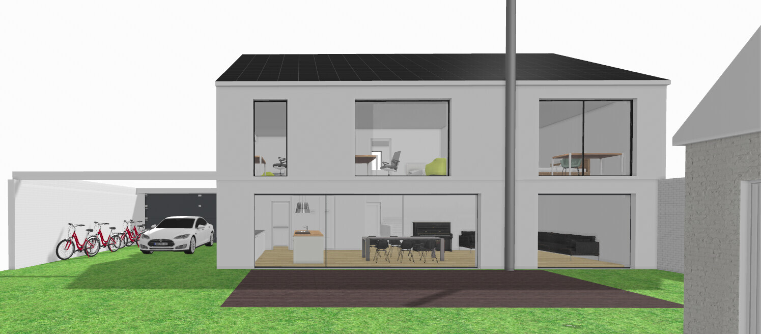 Modern two-story house with glass front, carport, bicycles, and green garden.