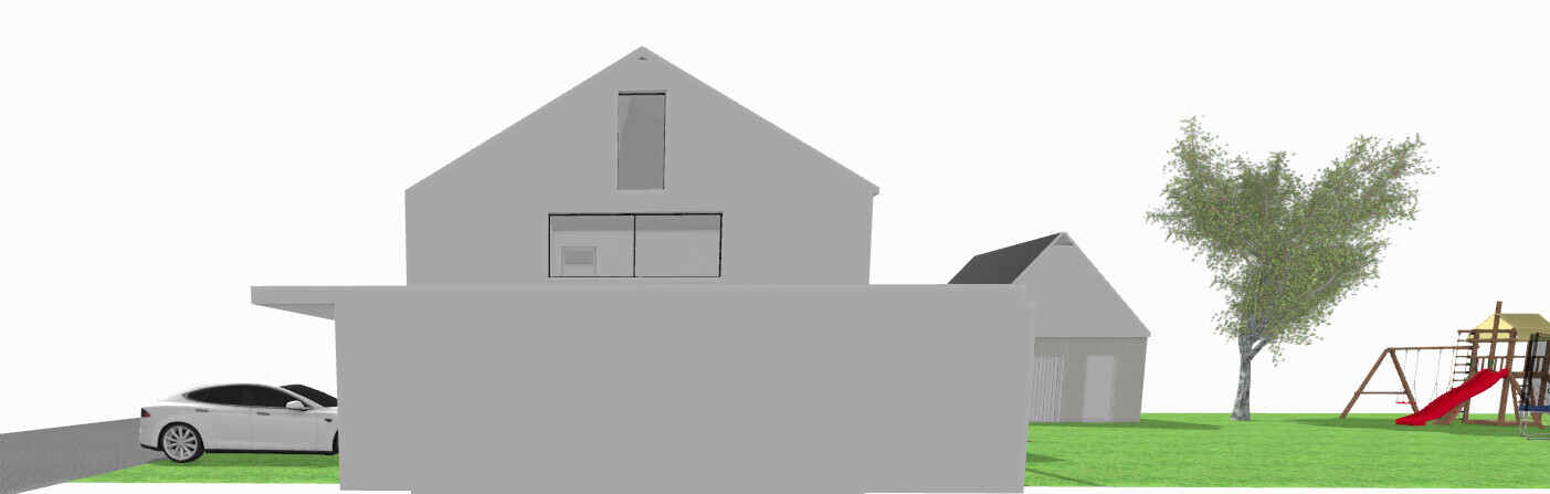 Large gray house with garage on the left, car in front, tree and playground on lawn to the right.