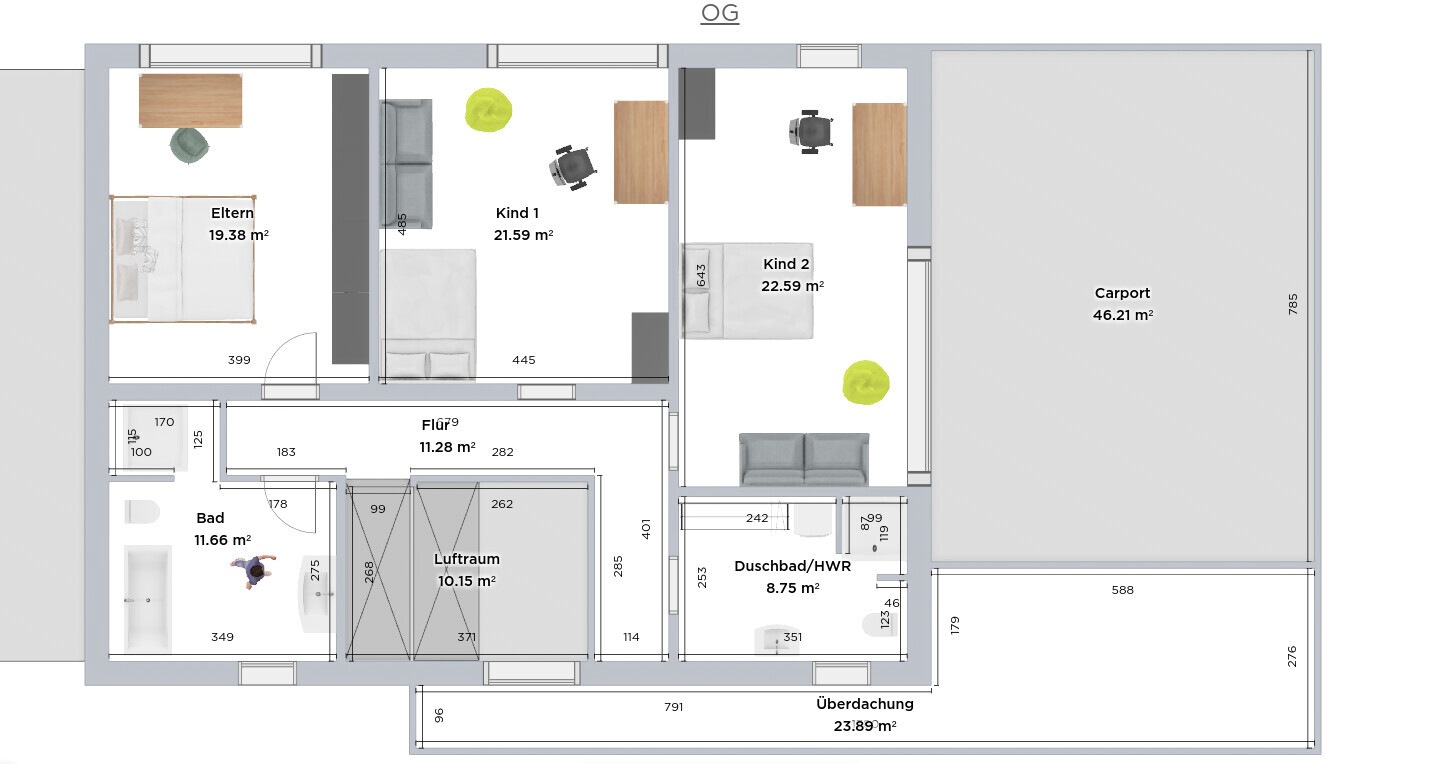 Floor plan of a house with master bedroom and two children's rooms, bathroom, hallway, carport, and canopy.