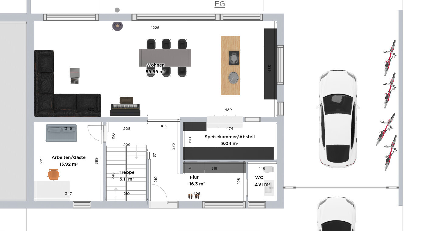 Floor plan: living room, kitchen, pantry, hallway, stairs, office/guest room, toilet, garage.