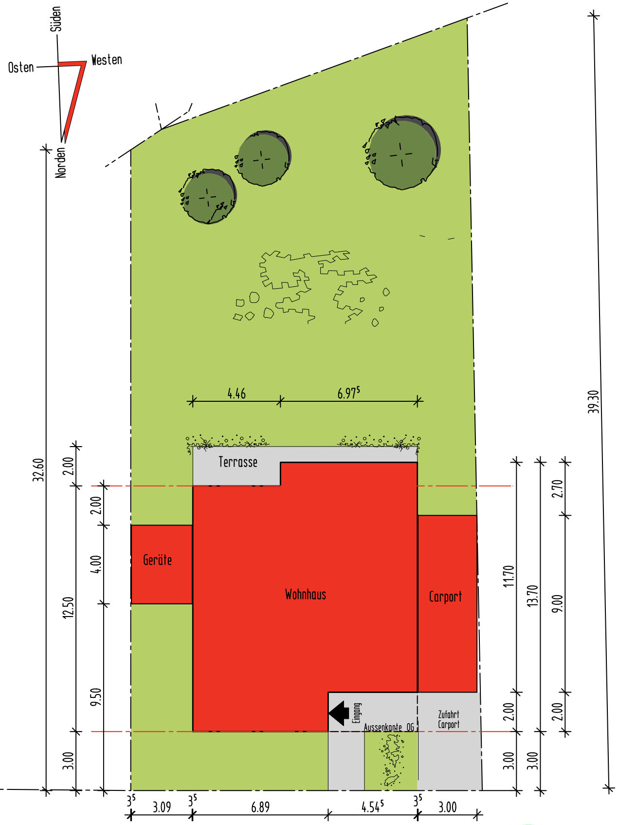 Site plan: red house with carport, terrace, and storage; green garden area with three trees.