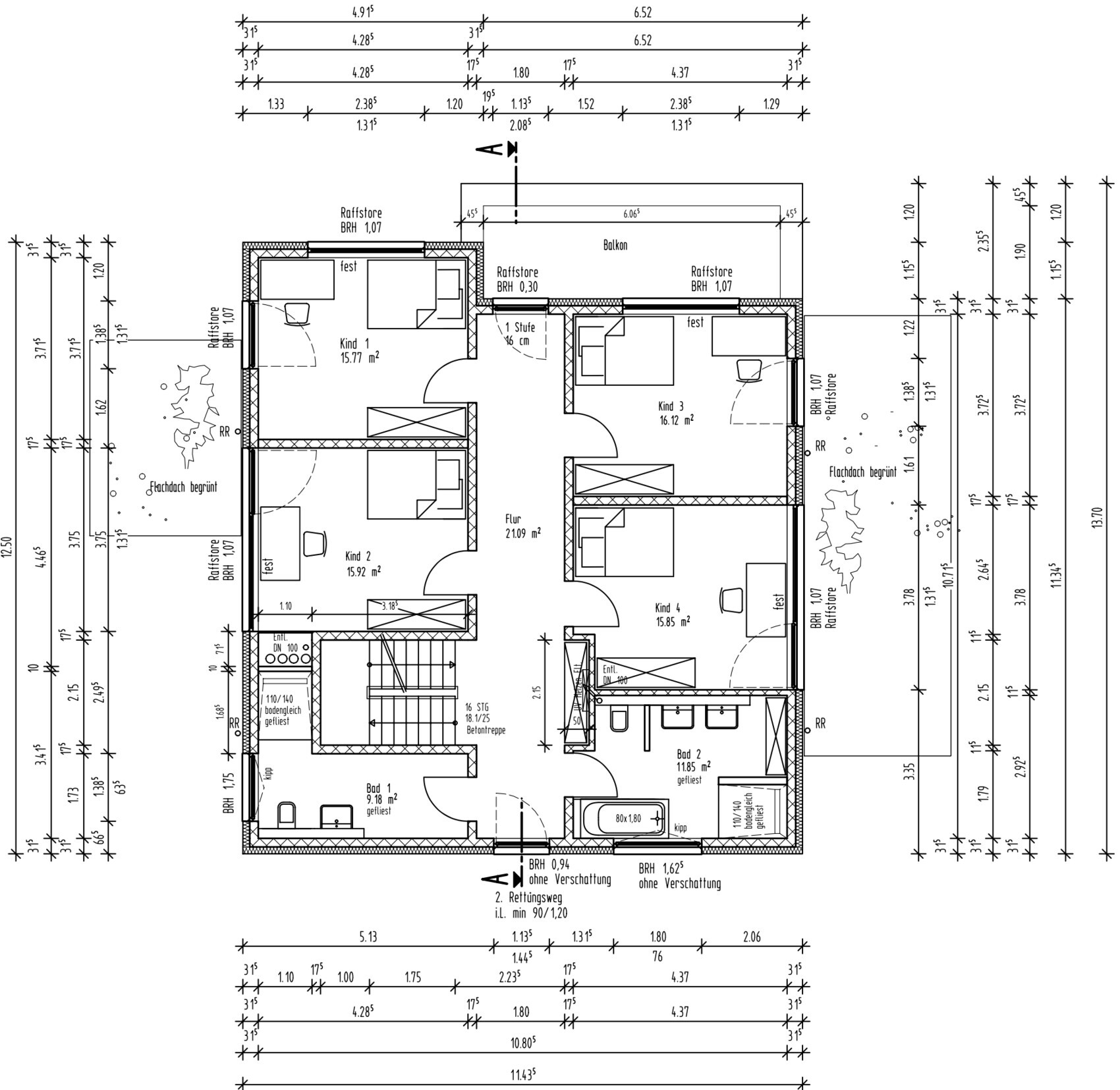 Top view of a house floor plan with corridor, bathroom, balcony, four children’s rooms and stairs.