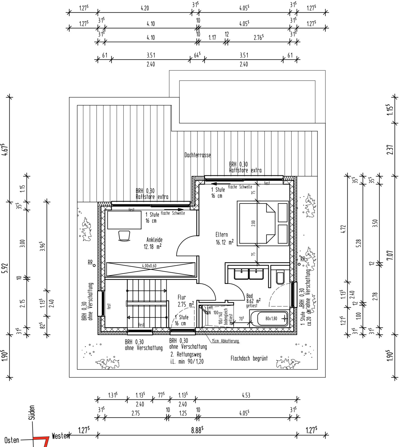 House floor plan with master bedroom, dressing room, bathroom, corridor and roof terrace.