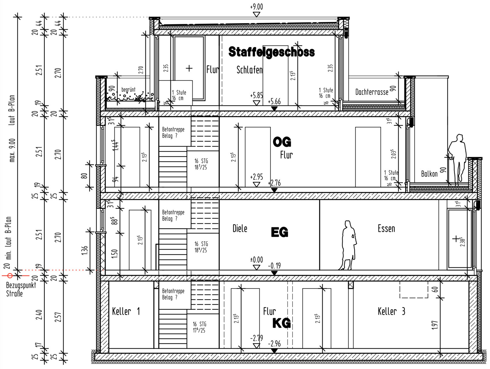 Architectural section of a three-story house with basement, ground floor, upper floor, stairs, balcony and roof terrace.