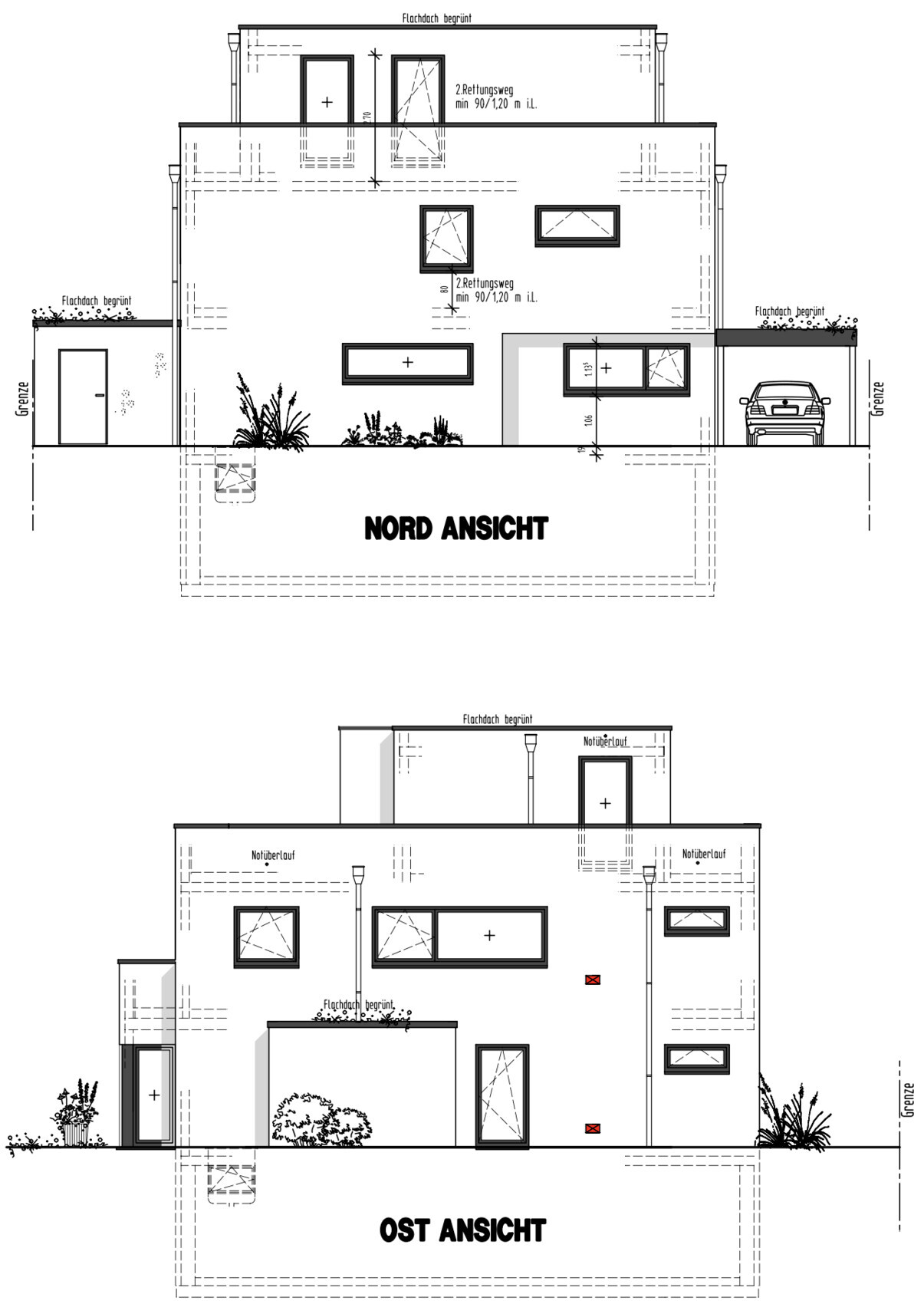 Two-story house with garage, windows, doors and garden; north and east elevations.