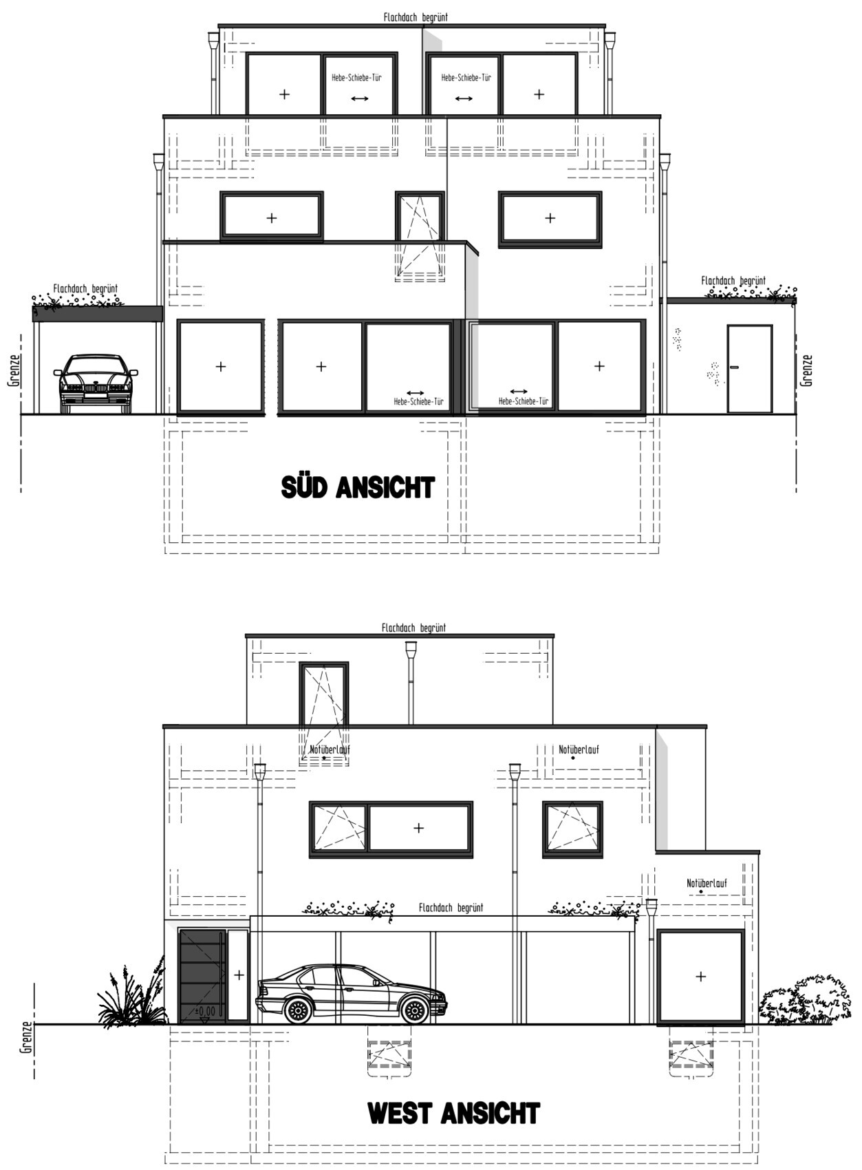 Modern two-story house drawing with garage, large windows; south and west elevations.