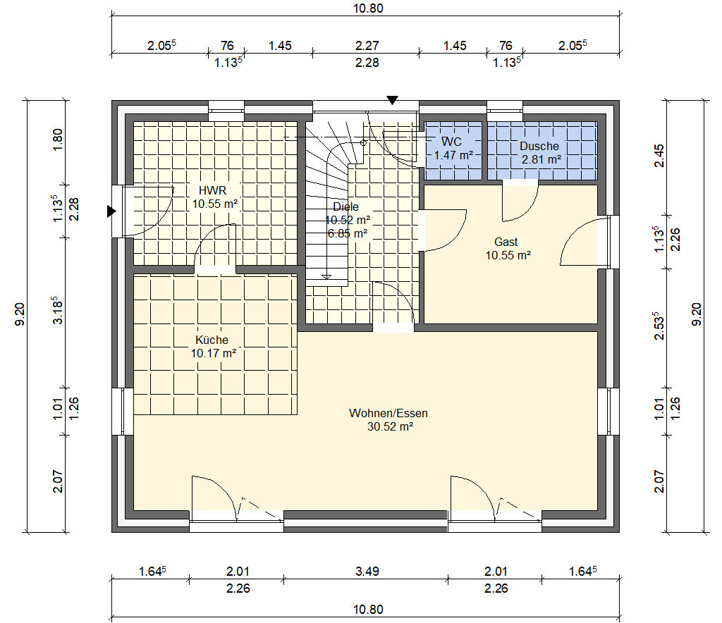 Floor plan of a house with kitchen, living area, dining area, guest room, utility room, WC and shower.