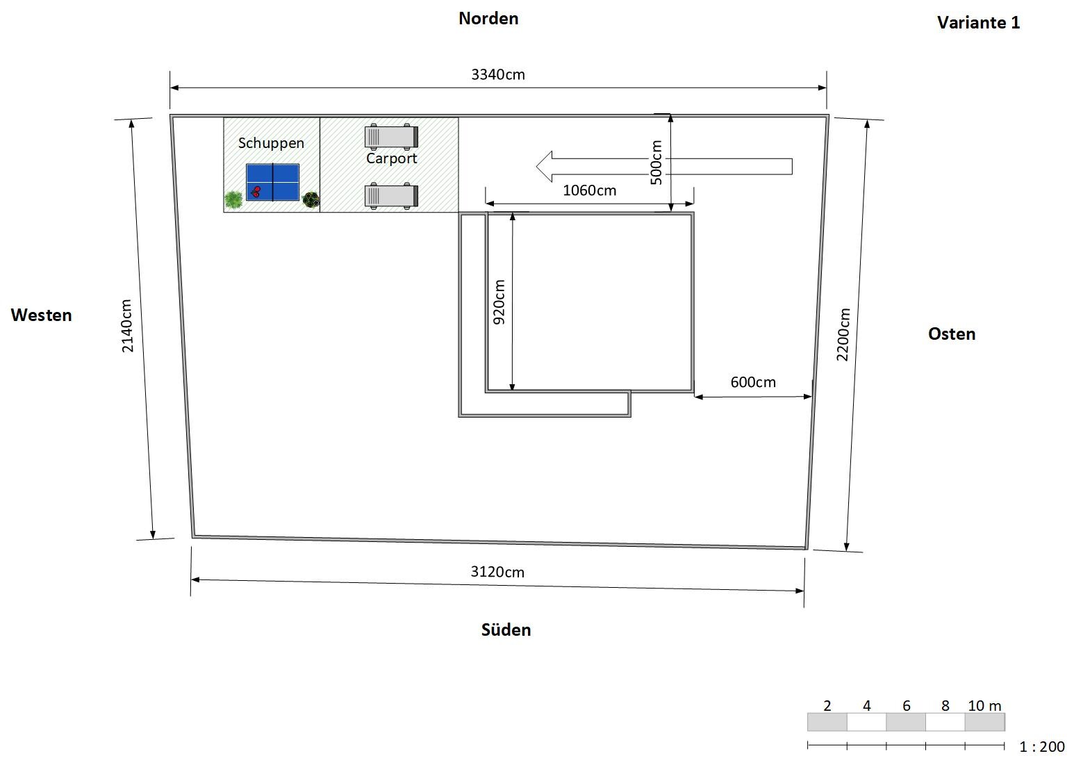 Plot plan with north at the top; shed and carport to the left; central building.