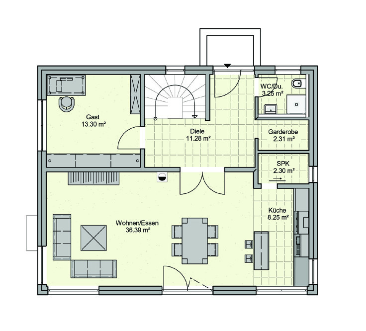 Upper floor plan: living/dining, kitchen, guest room, hallway, WC, cloakroom.