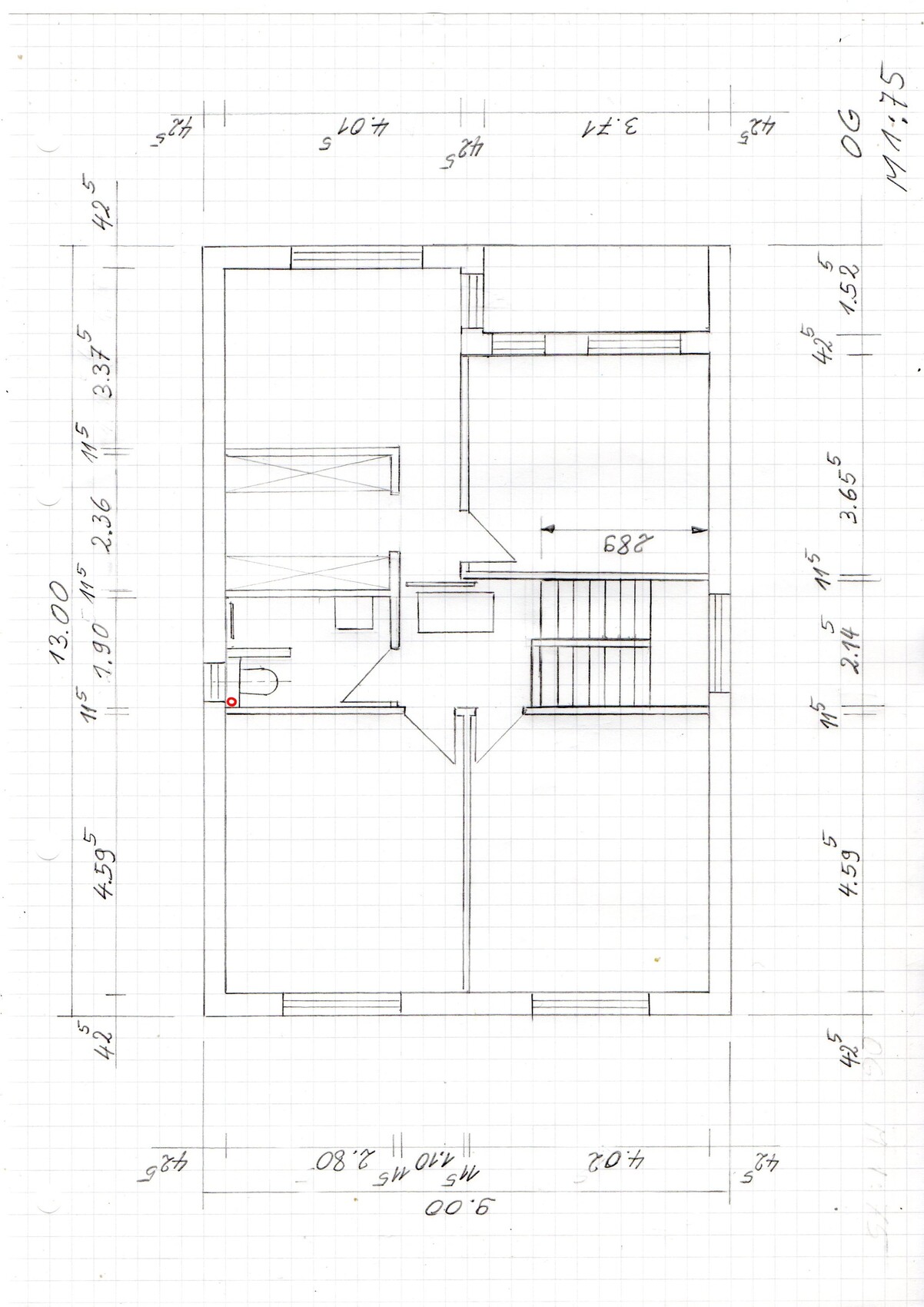Floor plan of a house with multiple rooms, stairs, bathroom, and visible dimensions