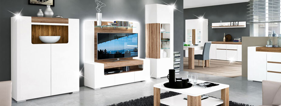 Modern living area: white furniture, wood accents, TV media unit, open kitchen.