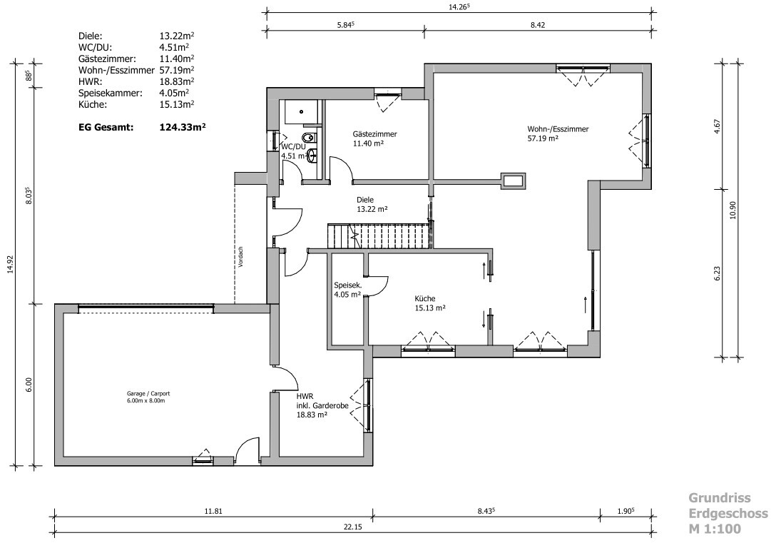 Ground floor plan of a house: garage, kitchen, living room, guest room, hallway, utility room.