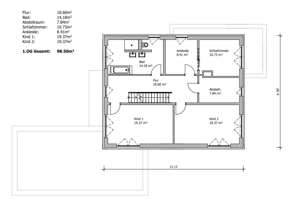 First floor plan: bathroom, dressing room, master bedroom, two children’s rooms, storage room, corridor.