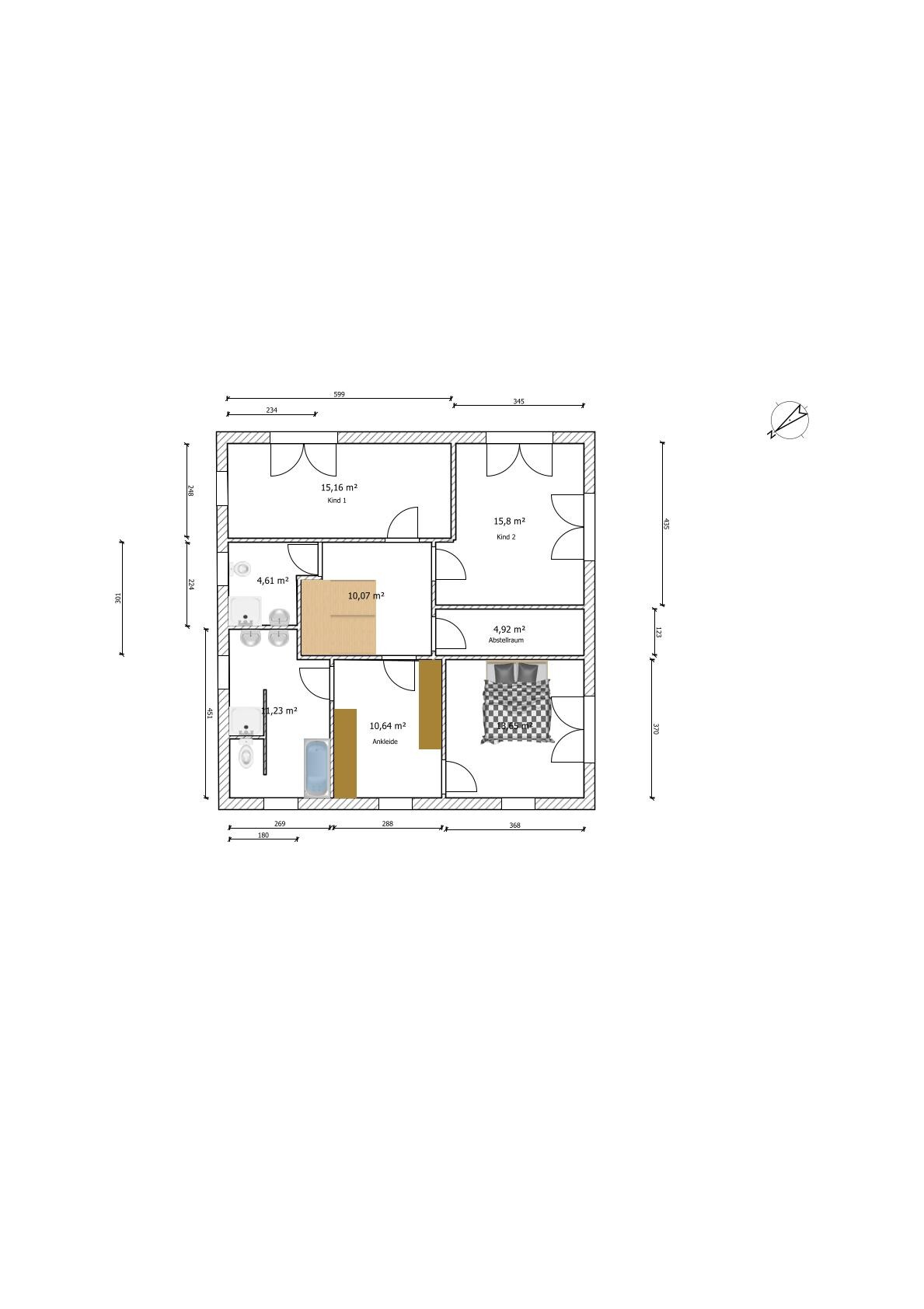 Grundriss eines Wohnhauses mit zwei Kinderzimmern, Schlafzimmer, Ankleide, Abstellraum und Bad.