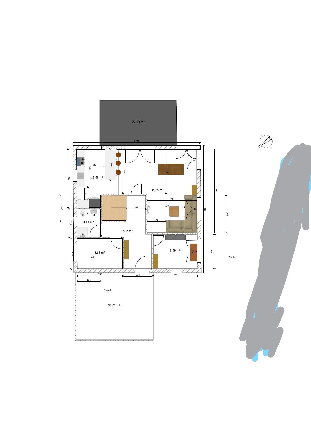 Grundriss eines Hauses mit mehreren Zimmern, Wohnzimmer, Küche, Bad und Garage.