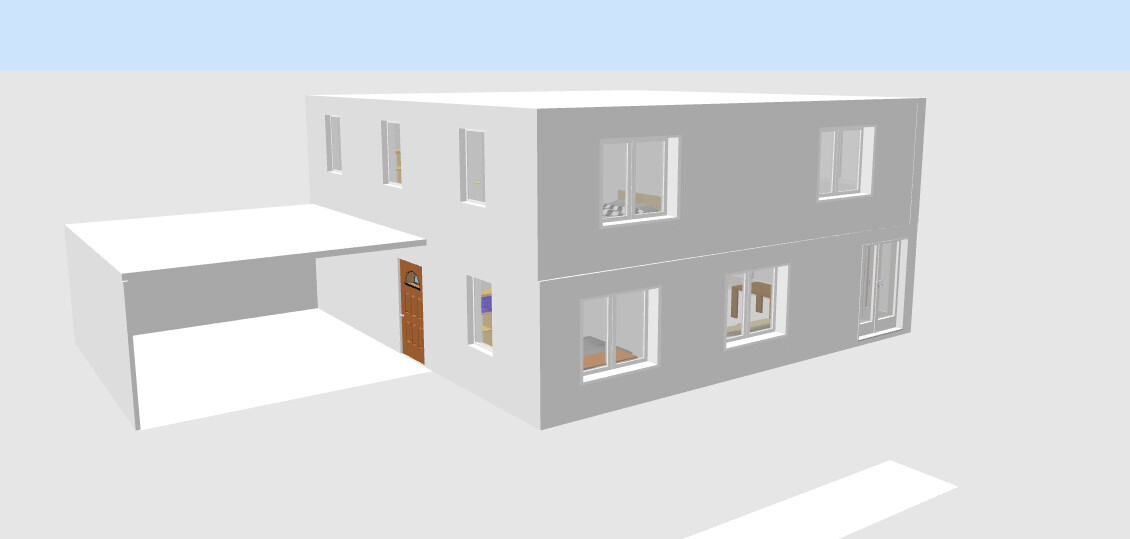 3D-Modell eines zweistöckigen grauen Hauses mit Carport an der Seite und großen Fenstern