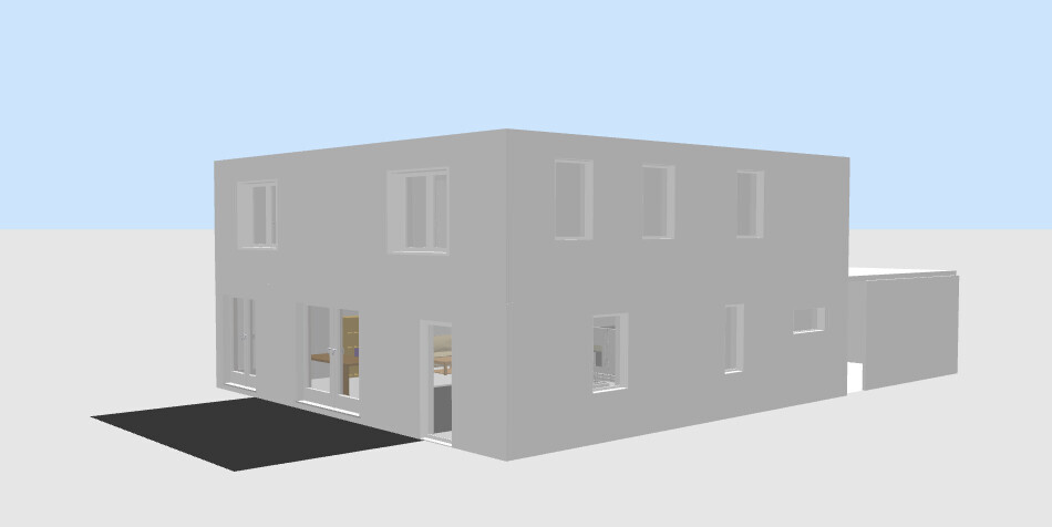 Modernes graues zweistöckiges Haus mit großen Fenstern, Eingang und Einfahrt.