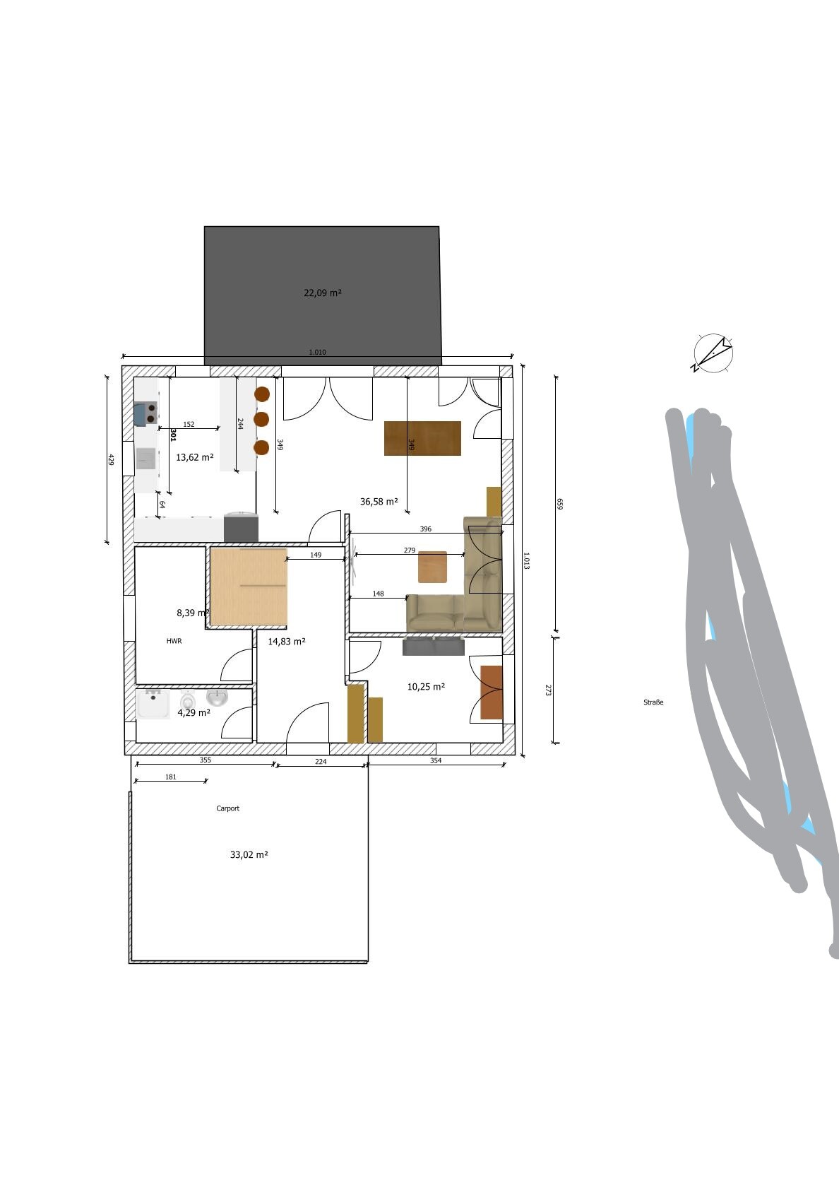 Floor plan of a house: carport bottom left, living area in the center, kitchen left, terrace top.