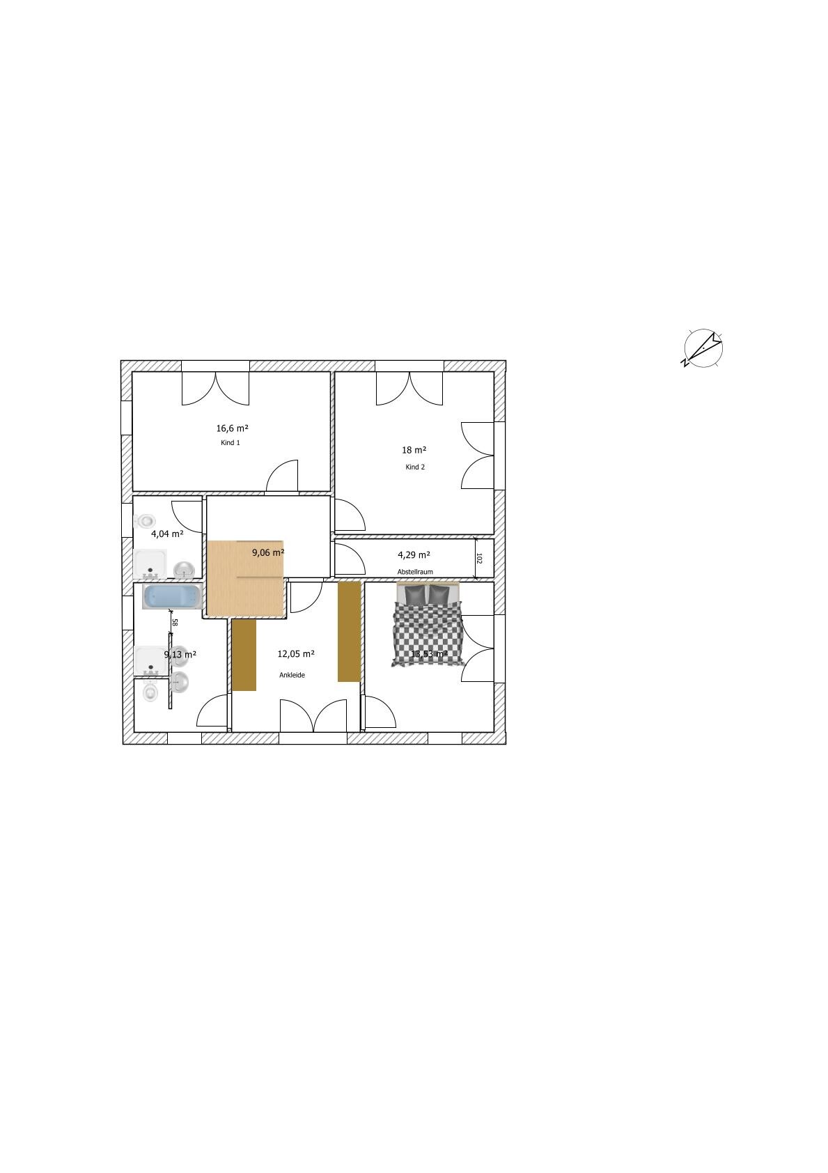 Floor plan of a residential house: two children’s rooms, bedroom, dressing room, storage room, and bathroom.